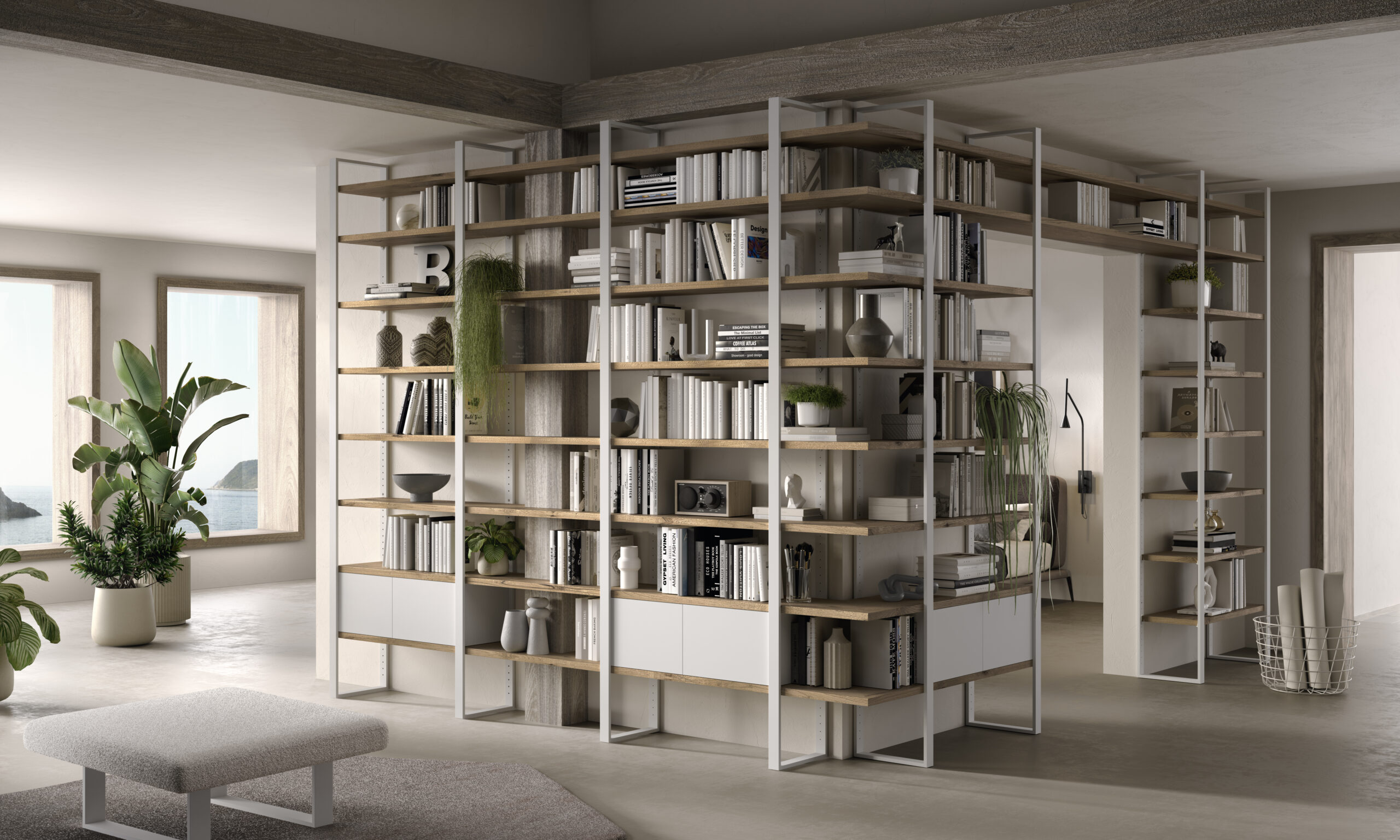 COMP.071 STANZA LIBRERIA BIANCO LEGNO ANGOLO INVERSO CON NICCHIA COLONNA